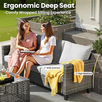 ovios 8 Pieces Patio Furniture Set with Swivel Chairs Rocking Gliders, Outdoor Sofa Couch with Solar Lights Table Comfy Cushions, Modern Deep Seat Wicker Rattan Conversation Set, Grey