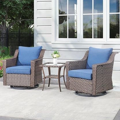 Outdoor Patio Wicker Swivel Chairs - Set of 2 Outside Resin Rattan Rocker Glider Gliding Chair Rocking Armchairs for Front Porch Balcony Backyard Yard Deck Poolside Apartment – Brown/Blue