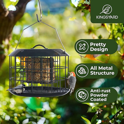 Kingsyard Squirrel Proof Suet Feeder, Cage Bird Feeders for Outdoors Hanging, All Metal, Double Suet Cake Capacity, Tray & Weatherproof, Black