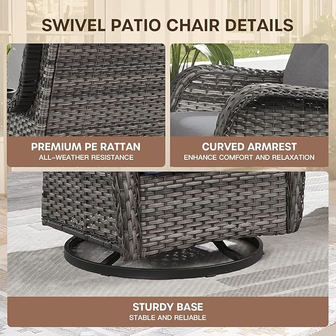Patio Swivel Chair Set of 2, Resin Wicker Swivel Patio Glider Chairs with Smile-Shaped Cushions, High Back Luxury Swivel Patio Glider Chairs for Outdoor, Brown Wicker|Grey Cushions