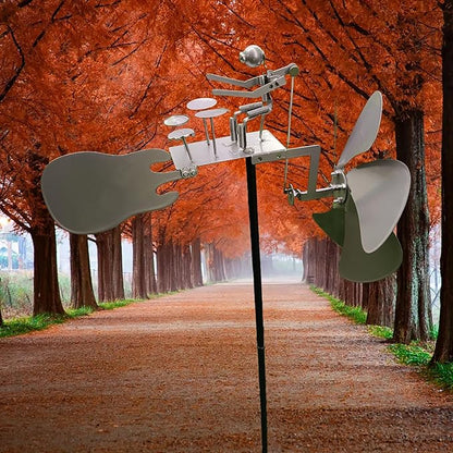 Handmade Metal Drummer Rock Band Windmill, Wind Powered Kinetic Sculpture, Garden Outdoor Wind Mill Spinner for Yard Lawn Garden Patio Rockin Art Figurine Decor (Silver)