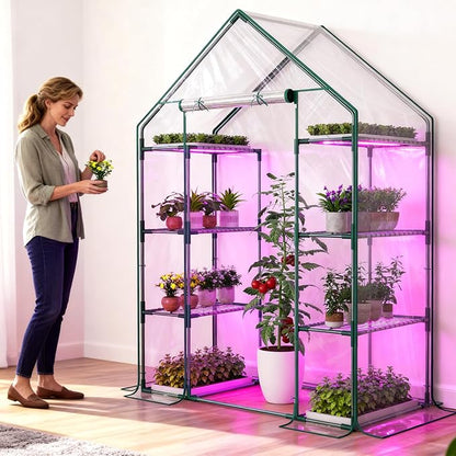 Indoor Greenhouse with Grow Light, 4-Tier Mini Greenhouse 56.3"x28.7"x76.8" Small Greenhouse with Zippered PVC Cover for Seed Starting Trays, Dimmable Plant Light for Indoor Plants with Timer