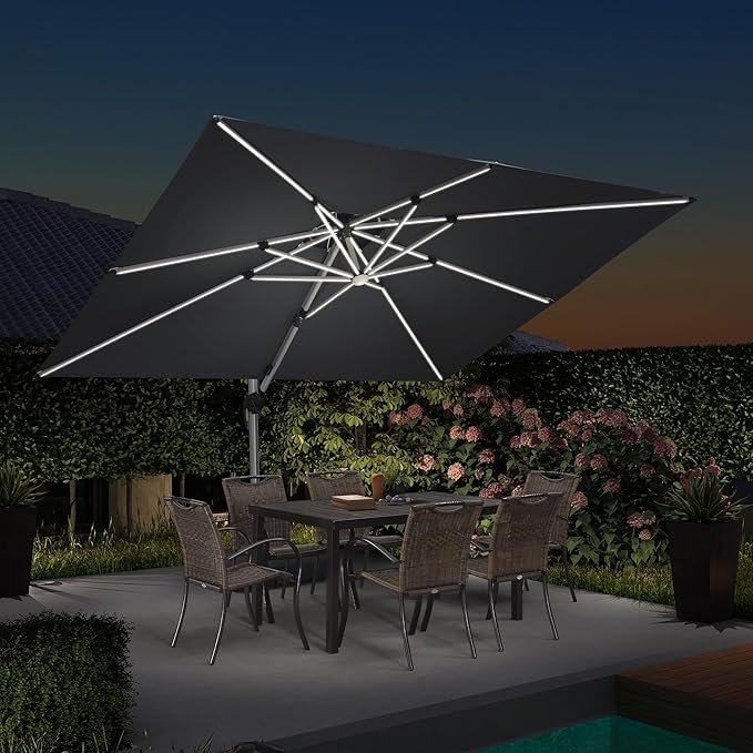 PURPLE LEAF 9' X 12' Solar Powered LED Rectangle Cantilever Umbrella With Base Patio Umbrellas Windproof Hanging Umbrella Outdoor Umbrellas, Grey
