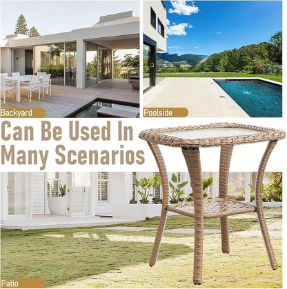 Outdoor Side Tables for Patio, Wicker/Rattan End Tables, Outdoor Wicker Side Table, Yellow Rattan Glass Top Patio Side Table