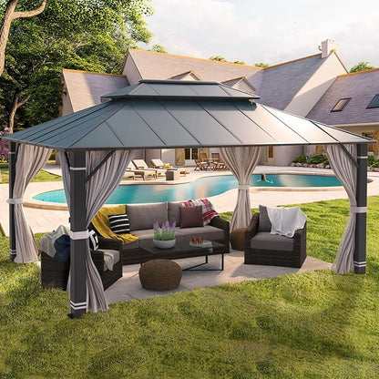 YOLENY 12' x 16' Hardtop Gazebo, Permanent Outdoor Aluminum Patio Gazebo with Aluminum Composite Double Roof for Patio Lawn and Garden, Curtains and Netting Included
