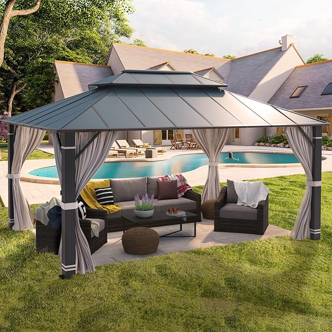 YOLENY 12' x 16' Hardtop Gazebo, Permanent Outdoor Aluminum Patio Gazebo with Aluminum Composite Double Roof for Patio Lawn and Garden, Curtains and Netting Included