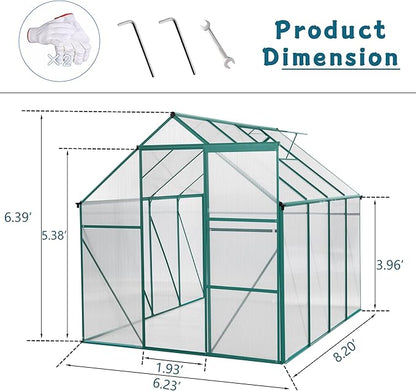 6x8 FT Polycarbonate Walk-in Greenhouses,Heavy Duty Hobby Green House,Storage Shed with Sliding Doors & Adjustable Roof Vent,Aluminum Sunroom Hot Houses for Outdoor Garden Backyard