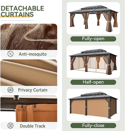 Aoxun 12'x20' Hardtop Gazebo, Aluminum Frame Permanent Pavilion with Netting and Curtains, Outdoor Polycarbonate Double Roof Canopy, Designed for Lawn, Garden, Patio (Khaki)