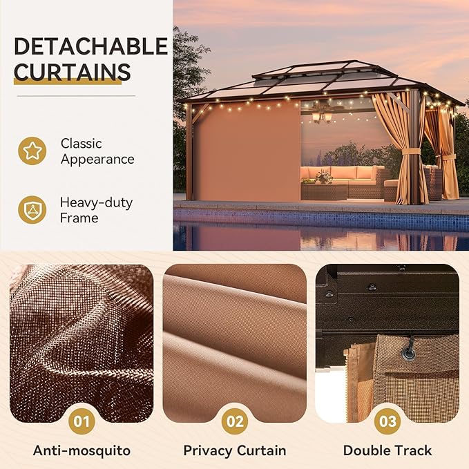 Aoxun Hardtop Gazebo, Aluminum Frame Permanent Pavilion with Netting and Curtains, Outdoor Polycarbonate Double Roof Canopy, Designed for Lawn, Garden, Patio (Brown, 12'x16' with Ground Anchor)