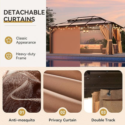 Aoxun Hardtop Gazebo, Aluminum Frame Permanent Pavilion with Netting and Curtains, Outdoor Polycarbonate Double Roof Canopy, Designed for Lawn, Garden, Patio (Brown, 12'x16' with Ground Anchor)