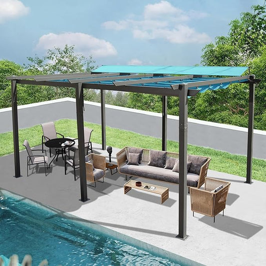 Domi Outdoor Living 11’ X 16’ Outdoor Retractable Pergola with Weather-Resistant Canopy Aluminum Garden Pergola Patio Grill Gazebo for Courtyard (Lake Blue)