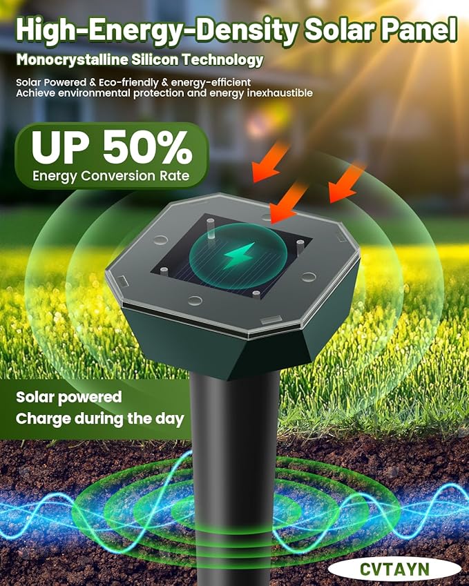 Snake & Mole & Skunk & Rabbit Repellent Solar Powered, Ultrasonic Deterrent, IP65 Waterproof, to Get Rid of Gopher, Groundhog, Rodent, Chipmunk, Raccoon, and Vole for Lawn & Garden, 4 Pack