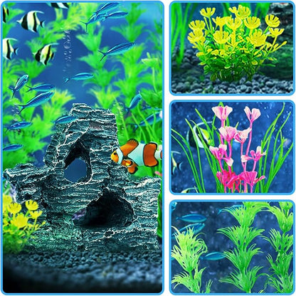 Fish Tank Accessories Artificial Plants, 9pcs Green Aquarium Decorations Plants and Cave Rock Decor Set, Aquarium Decor Plastic Plants