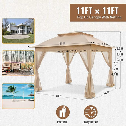 11x11 Outdoor Pop up Gazebo Tent with Mesh Walls for Patio, Lawn, Backyard and Deck, Khaki
