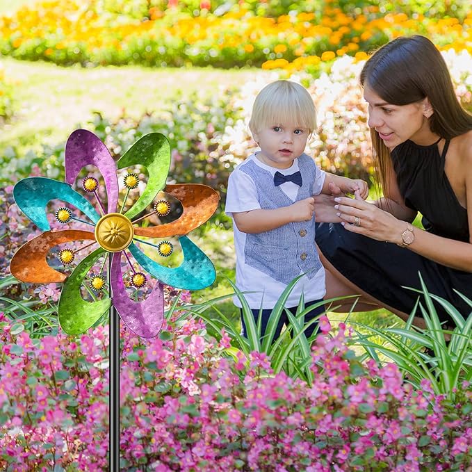 Metal Wind Spinners Outdoor, 360° Wind Sculpture Spinner with Metal Stake, Waterproof Spinners Green Kinetic Wind Spinner for Yard Lawn Decor (A- Colourful 2PC)