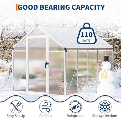 6x10 FT Greenhouse for Outdoors, Polycarbonate Flower Greenhouse with Roof Vent, Push-Pull Lockable Door, Aluminum Walk-in Greenhouses for Outside Garden Backyard, Patio, Lawn, Silver