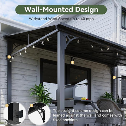 Aoxun 10' x 12' Lean to Gazebo, Hardtop Outdoor Pergola with Sloping Galvanized Steel Roof, Large Wall-Mounted Heavy Duty Awnings for Patio, Backyard, Deck, Porch (Black)