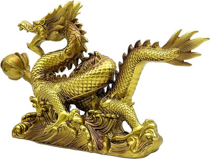 FUNSXBUG 13.6 INCH Chinese Feng Shui Dragon Statue Sculpture Resin Figurines FengShui Decor Home Office Desktop Tabletop Ornaments Decoration Good Lucky Gifts Gold