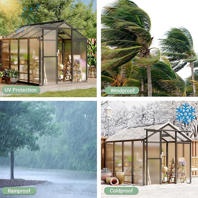 6x8 FT Greenhouse, Easy Assembly Aluminum Polycarbonate Greenhouses for Outdoors with Roof Vent and Ground Nails, Heavy Duty Aluminum Walk-in Greenhouse for Backyard, Sliding Lockable Door, Black