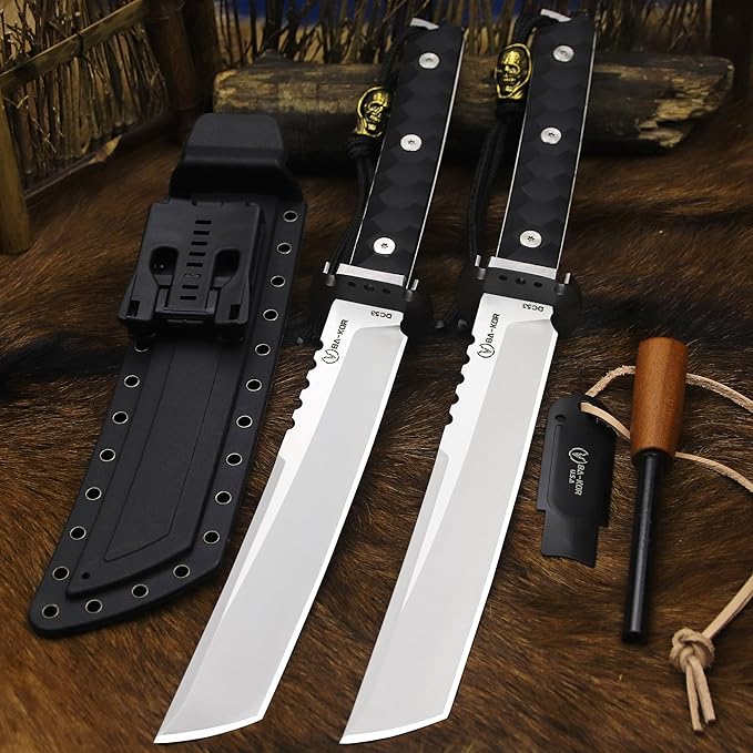 BA-KOR 15.8in Full Tang Japanese Style Outdoor Knife –8mm DC53 Steel, Nylon Fiber Handle &Sheath, Hunting Survival Knife+(5.9in) cerium igniter (Black handle and white blade (8mm))