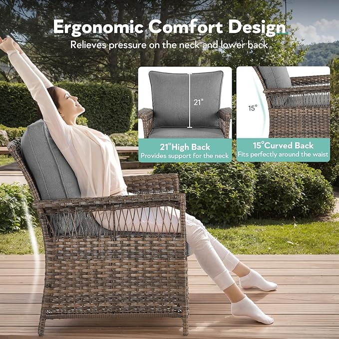 Wicker Outdoor Chairs Set of 2 - Hollow Widen Armrests Patio Furniture Set with Comfortable Thickened Cushion, High Back Outdoor Rattan Chairs for Balcony Porch Deck and Yard - Brown/Gray