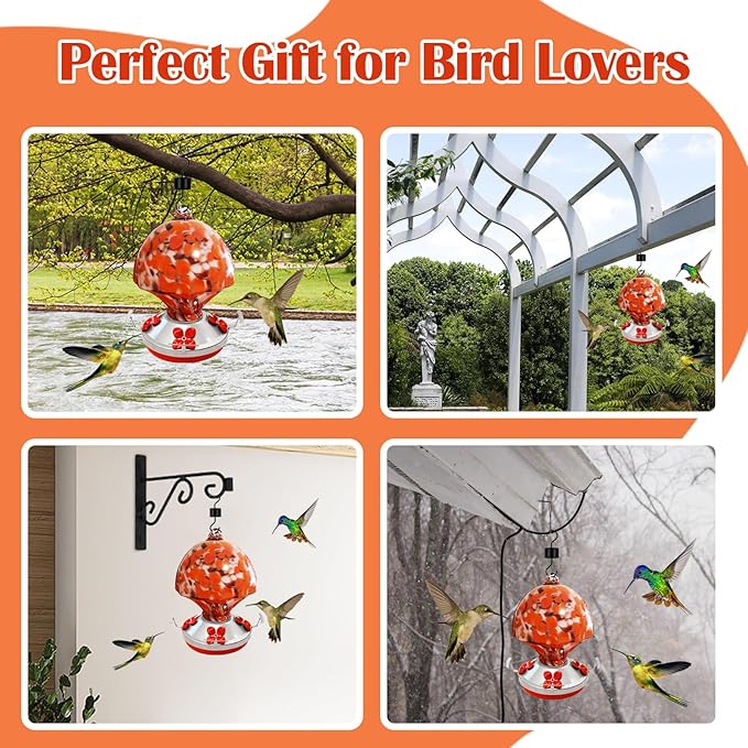 Hand Blown Glass Hummingbird Feeder with Ant Moat 25.4 OZ Large Capacity Hanging Bird Feeder for Backyard Garden Outdoors Decorations Hook Brush Rope Included (Red)