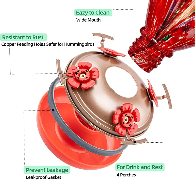 2 Packs Hummingbird Feeder for Outdoors Hanging, 34OZ & 32OZ Hand Blown Glass Hummingbird Feeders for Outside, Red & Teal