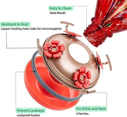 2 Packs Hummingbird Feeders for Outdoors Hanging Ant and Bee Proof, 34OZ & 32OZ Hand Blown Glass Hummingbird Feeders for Outside, 2 Red