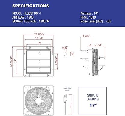 Iliving ILG8SF16V-T Wall-Mount Shutter Exhaust Fan, 16" - Variable Speed, Silver