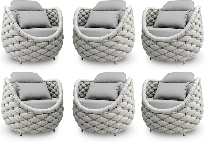 Patio Accent Chairs Set of 6: Aluminum Porch Lounge Chair with Arms - Woven Rope Cushioned Armchair - Modern One Seater Chair - Outdoor Deck Furniture for 400lbs Balcony Lanai Garden Hotel, Gray