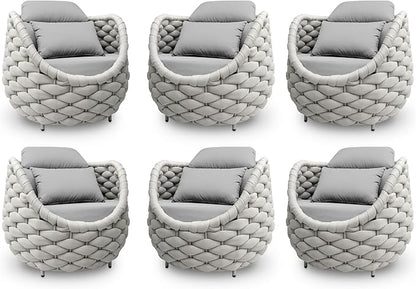 Patio Accent Chairs Set of 6: Aluminum Porch Lounge Chair with Arms - Woven Rope Cushioned Armchair - Modern One Seater Chair - Outdoor Deck Furniture for 400lbs Balcony Lanai Garden Hotel, Gray