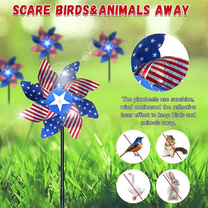 10 PCS Reflective Pinwheels for Yard and Garden Bird Devices Pre-Installed Sparkly Wind Spinner Deterrent to Scare Birds Away from Yard Patio Farm (Red&White&Blue)