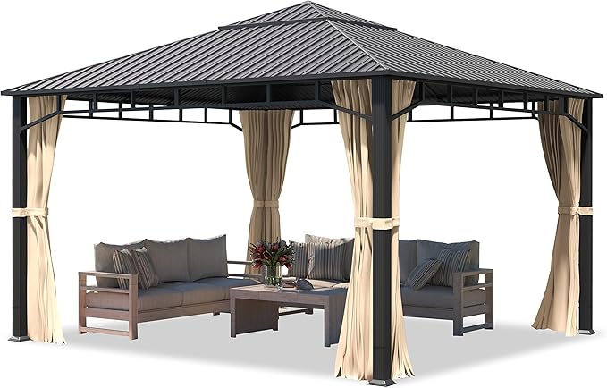 TOOLPORT Hardtop Gazebo 13x13 ft with Steel Roof - 4 Side Panels in Champagne - Approx. 3.54x3.54 in Aluminium Poles