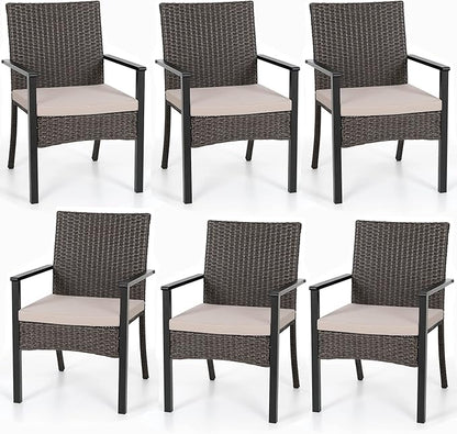 PHI VILLA Outdoor Wicker Chairs Set of 6, Rattan Covered Metal Armchairs with Removable Cushion, Heavy Duty Furniture Set for Patio, Deck, Porch, Yard