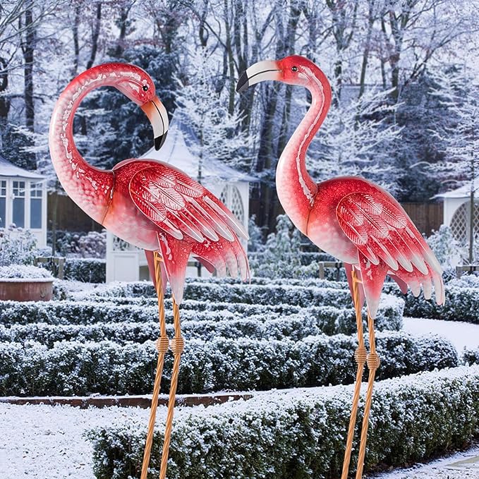 Natelf Pink Flamingo Yard Decorations, Metal Garden Statues and Sculptures, Standing Bird Lawn Ornaments for Patio Backyard Pond Decorations Set of 2