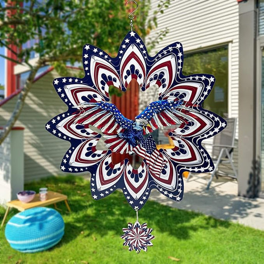 Eagle Wind Spinners for Yard and Garden,Wind Spinner Hanging,3D Metal Wind Catchers,12in American Flag Kinetic Spinner,Fourth of July Independence Day Party Decorations for Indoor Outdoor(Round)