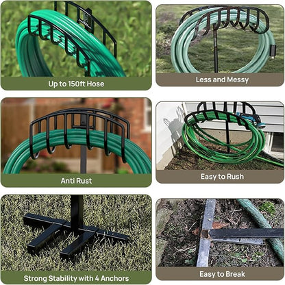 Garden Hose Holder Detachable Heavy Duty Metal Water Hose Hanger, Freestanding Hose Storage Stand Rack for Outside (Black)