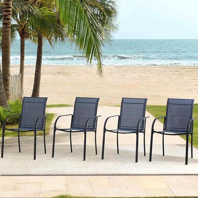 Outdoor Dining Chairs Set of 8, Stackable Patio Chairs with Textilene Fabric, Lightweight Garden Chairs for Poolside, Backyard, Camping, Dark Blue