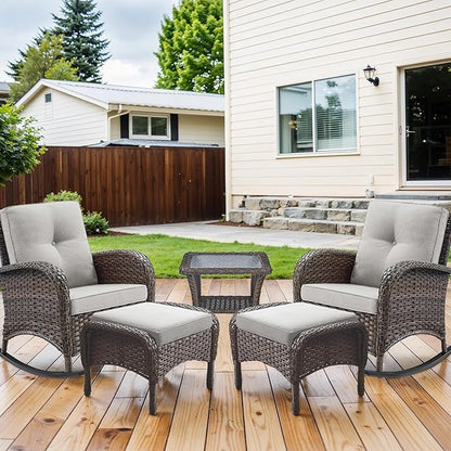 HUMMUH 5 Pieces Wicker Patio Furniture Set,Outdoor Rocker Chairs,Patio Ottomans,Glass Top Side Table,Outdoor Conversation Set for Porch Deck Backyard Poolside