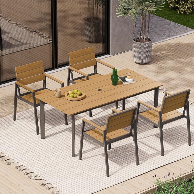 HDPS Outdoor Patio Dining Chairs Set of 2, 350LBS Capacity Aluminum Patio Dining Chairs with Armrests, Weather-Resistant for Lawn, Garden, Yard, Poolside and Indoor Use, Gray & Teak