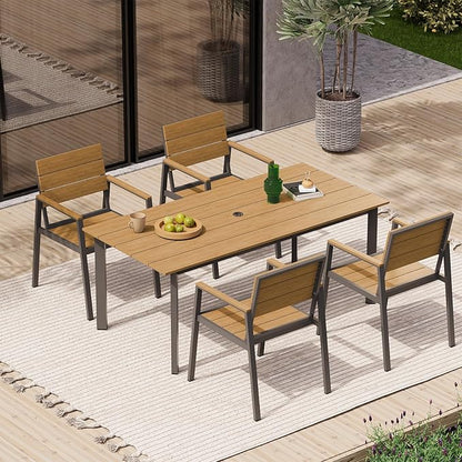HDPS Outdoor Patio Dining Chairs Set of 2, 350LBS Capacity Aluminum Patio Dining Chairs with Armrests, Weather-Resistant for Lawn, Garden, Yard, Poolside and Indoor Use, Gray & Teak