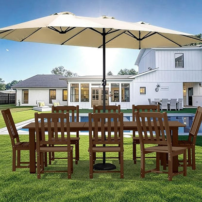 LOUNZY 9 Pieces Patio Dining Sets, Outdoor HDPE Furniture Set for 8 w/ 2" Hole Cut-Out Dining Table with 8 Patio Chairs(2 W/Armrest, 6 w/o Armrest), Brown