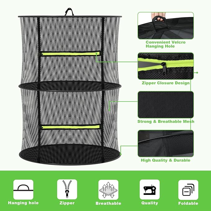 2 Layer Herb Drying Rack, Collapsible Mesh Drying Rack, Small Hanging Drying Net with Green Zipper & Hooks, Indoor Outdoor for Drying Herbs, Socks, Underwear, Seafood & Camping Food (11.81")