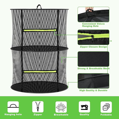 2 Layer Herb Drying Rack, Collapsible Mesh Drying Rack, Small Hanging Drying Net with Green Zipper & Hooks, Indoor Outdoor for Drying Herbs, Socks, Underwear, Seafood & Camping Food (11.81")