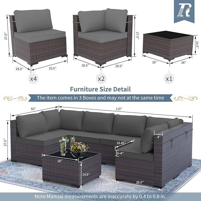 Outdoor Patio Furniture Set, 7 Pcs Outdoor Furniture All Weather Patio Sectional Sofa PE Wicker Modular Conversation Sets with Coffee Table,6 Chairs & Seat Clips Grey