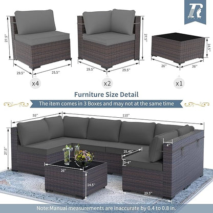 Outdoor Patio Furniture Set, 7 Pcs Outdoor Furniture All Weather Patio Sectional Sofa PE Wicker Modular Conversation Sets with Coffee Table,6 Chairs & Seat Clips Grey