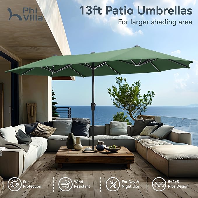 PHI VILLA 13ft Large Patio Umbrellas, Double-Sided Outdoor Market Rectangle Umbrella for Outside, Mint Green