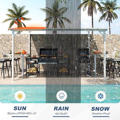 MEISSALIVVE 10' x 12' Wall Mounted Gazebo, Outdoor BBQ Grill Gazebo with Side Shelf, Lean to Metal Awnings with Sloped Roof, Heavy Duty Pergola for Backyard, Deck, White
