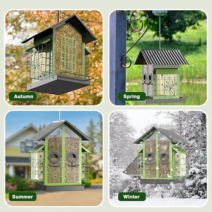 Bird Feeders for Outdoors, Metal Bird Feeder with Double Suet Cage Weatherproof Metal Roof, 2 in 1 Mixed Seeds Suet Feeder, 4Lbs Large Capacity, Great for Finch、Cardinal、Chickadee（Green）