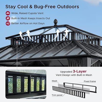 SUNJOY Kingston 12' x 10' Hardtop Gazebo with Galvanized Steel/Polycarbonate Double Roof, Curtain and Netting, Gray Aluminum Posts Permanent Pavilion Gazebo for Garden, Patio, Deck, Lawn